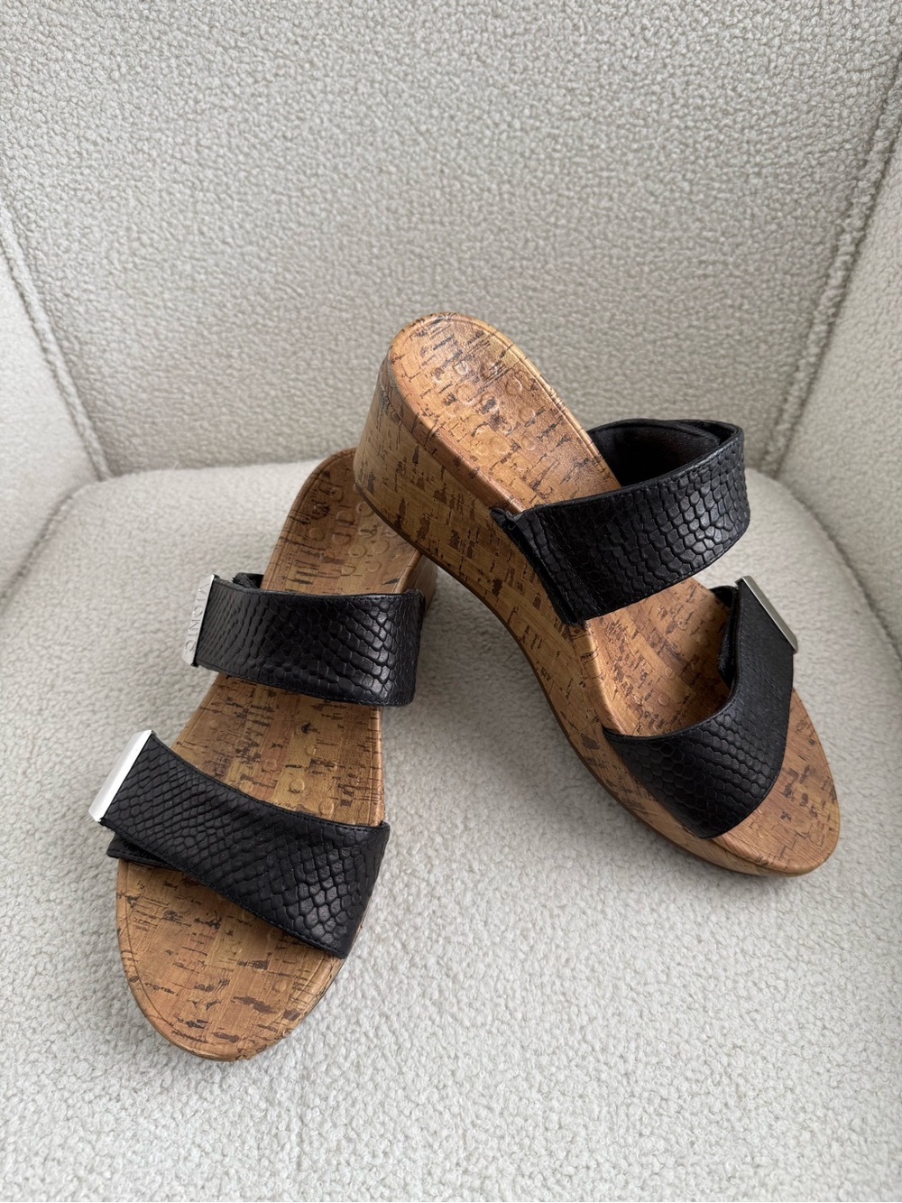 Vionic Black Cork Wedge Slide Sandals with Textured Straps